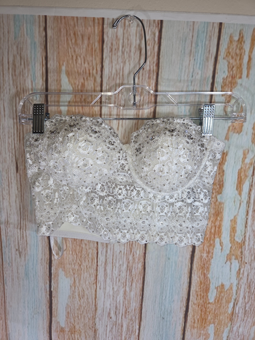 Say What? Ivory Lace Beaded Bandeau Bustier Rhinestone Encrusted. Size Small
